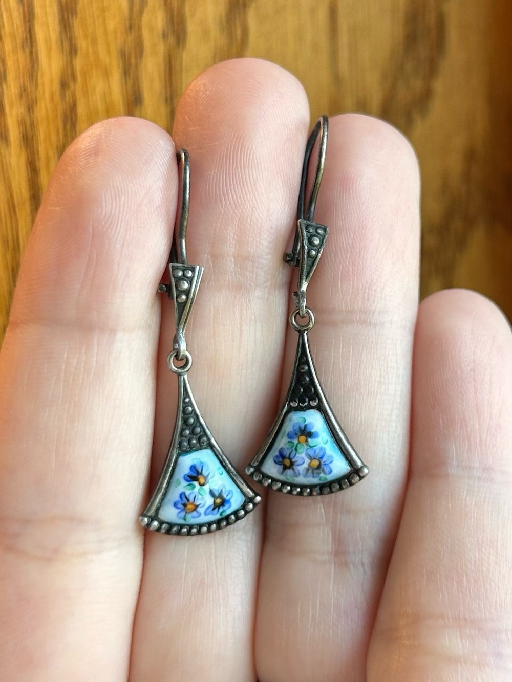Antique stamped enamel pierced drop dangle floral earrings